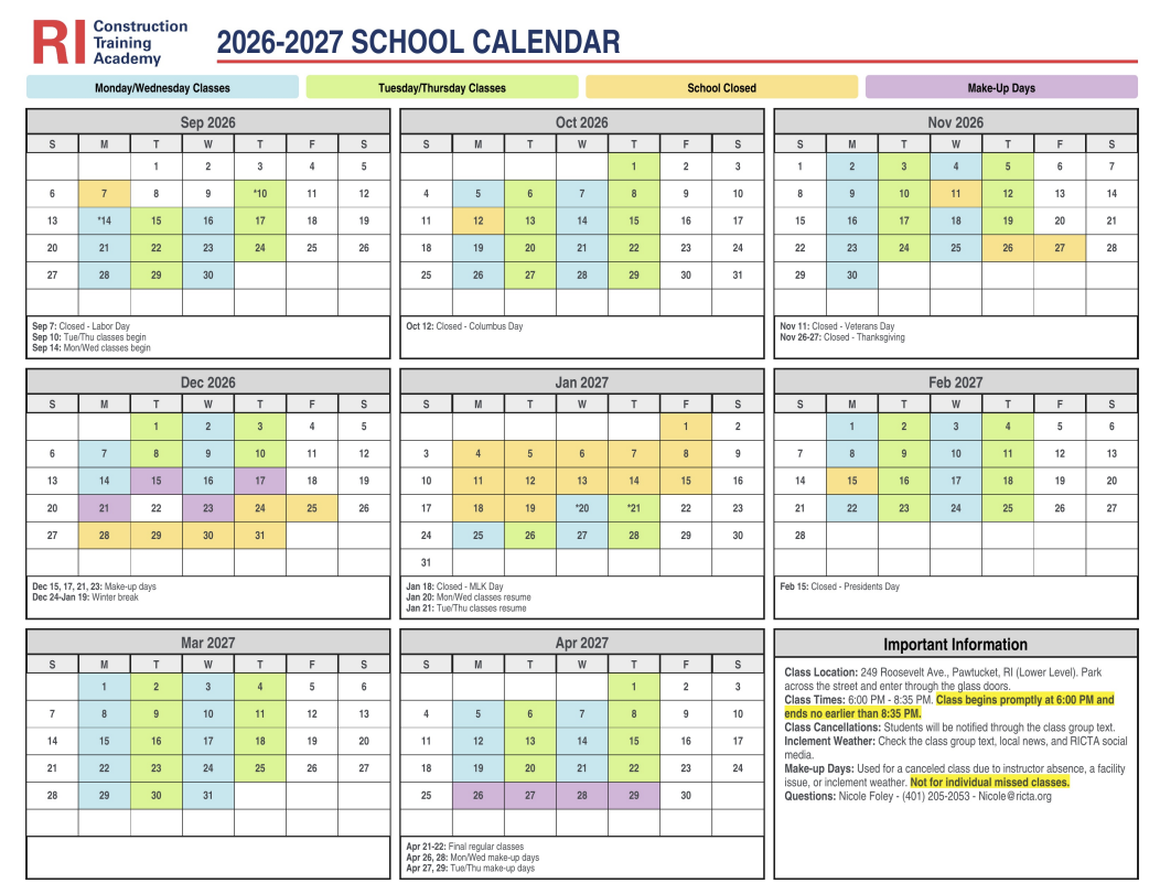 RICTA 2026-2027 School Calendar - click to open PDF in a new window